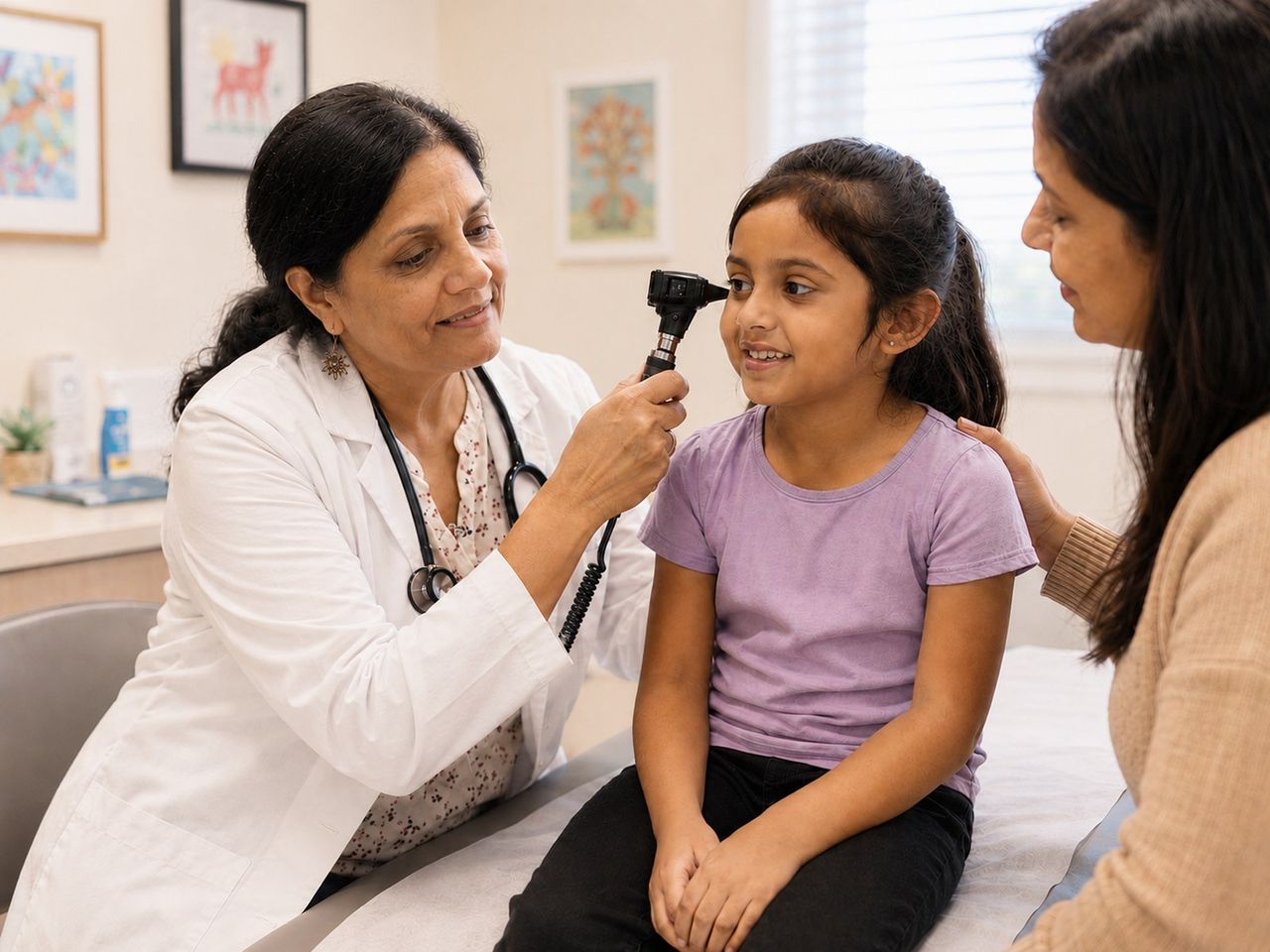 A doctor performing an ear examination on a child