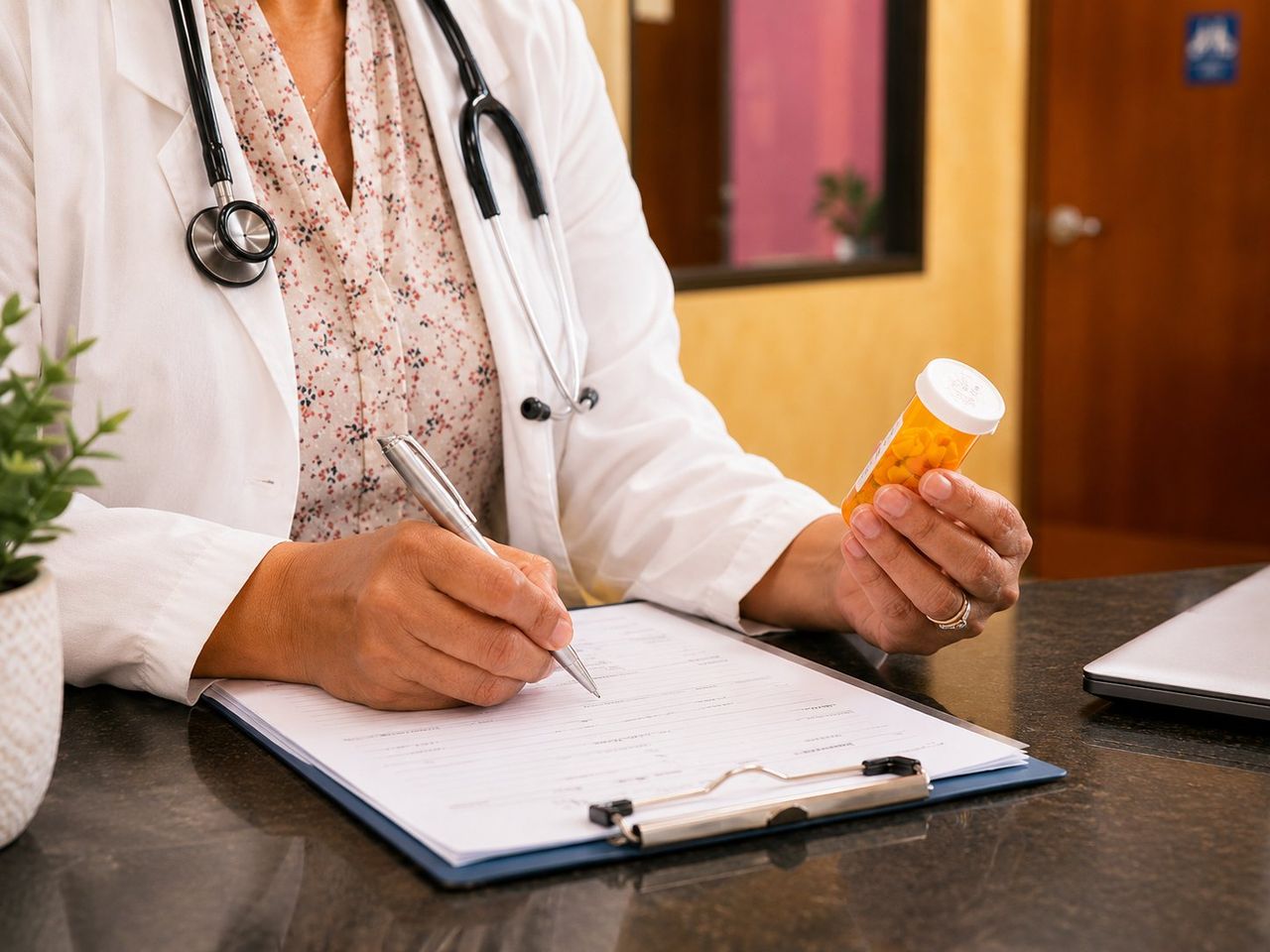 A physician holding a medication bottle while writing on a clipboard
